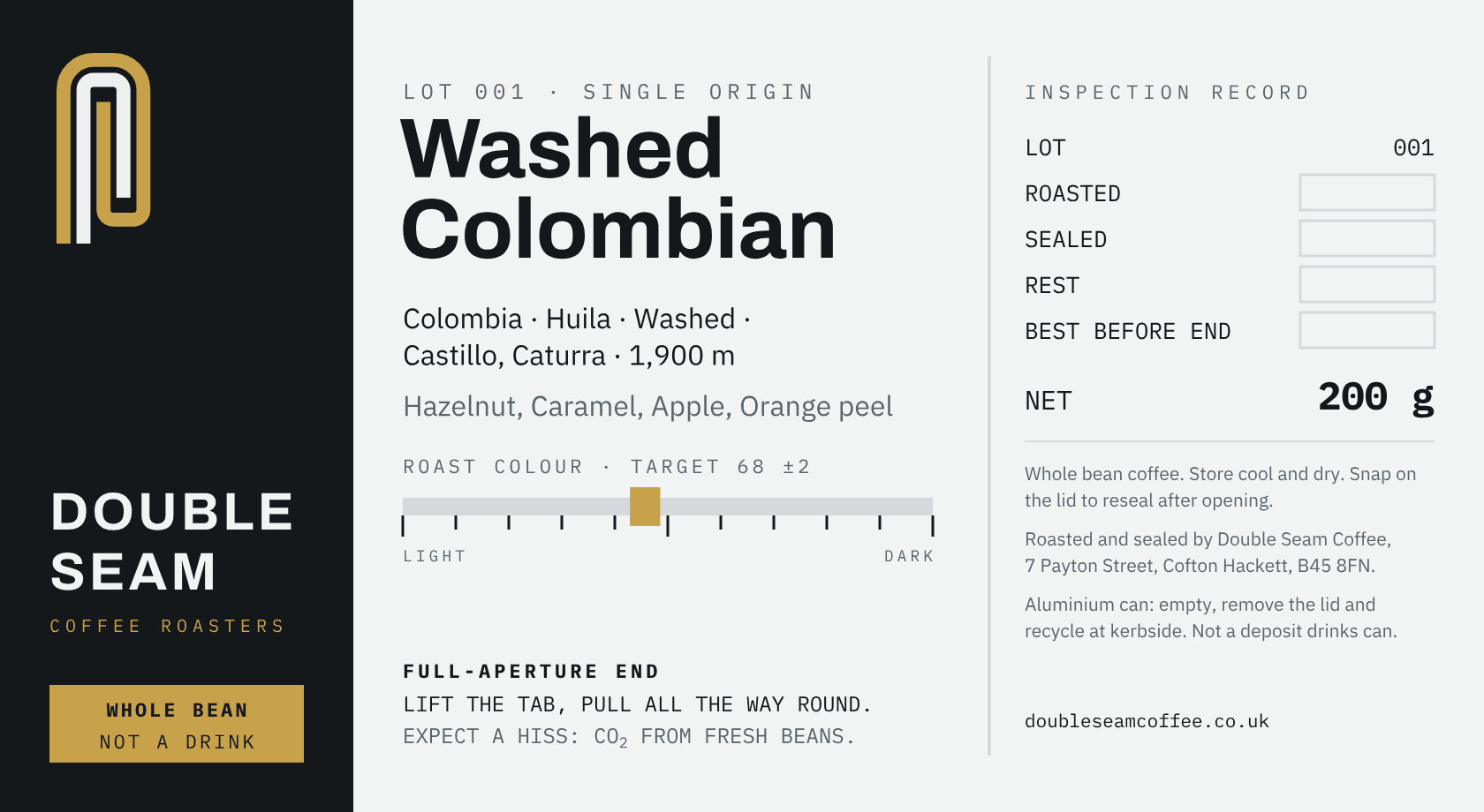 The flat Double Seam label: brand panel, Washed Colombian with roast gauge, and inspection record showing 200 g net